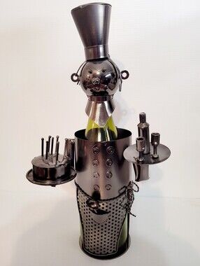 Metal Chef Wine Bottle Holder Sculpture 14” Bar Kitchen Decor Handmade Style